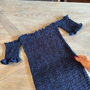 Navy V-Neck Smocked Mini Dress with Ric-Rac Inlay